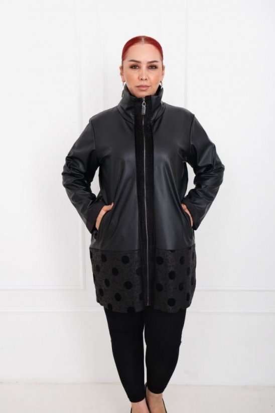 Čierny kožený kabát s bodkami - Veľkosť: 48